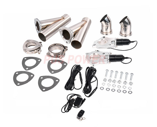 3-Inch Electric Exhaust Cutout Kit with Remote Control, Adjustable Sound, Stainless Steel Y-Pipes & 45° Turndown Elbows, Dual Motorized Flaps, V-Band Clamps – Universal Fit for 3” Inlet Exhaust Systems(AH001)