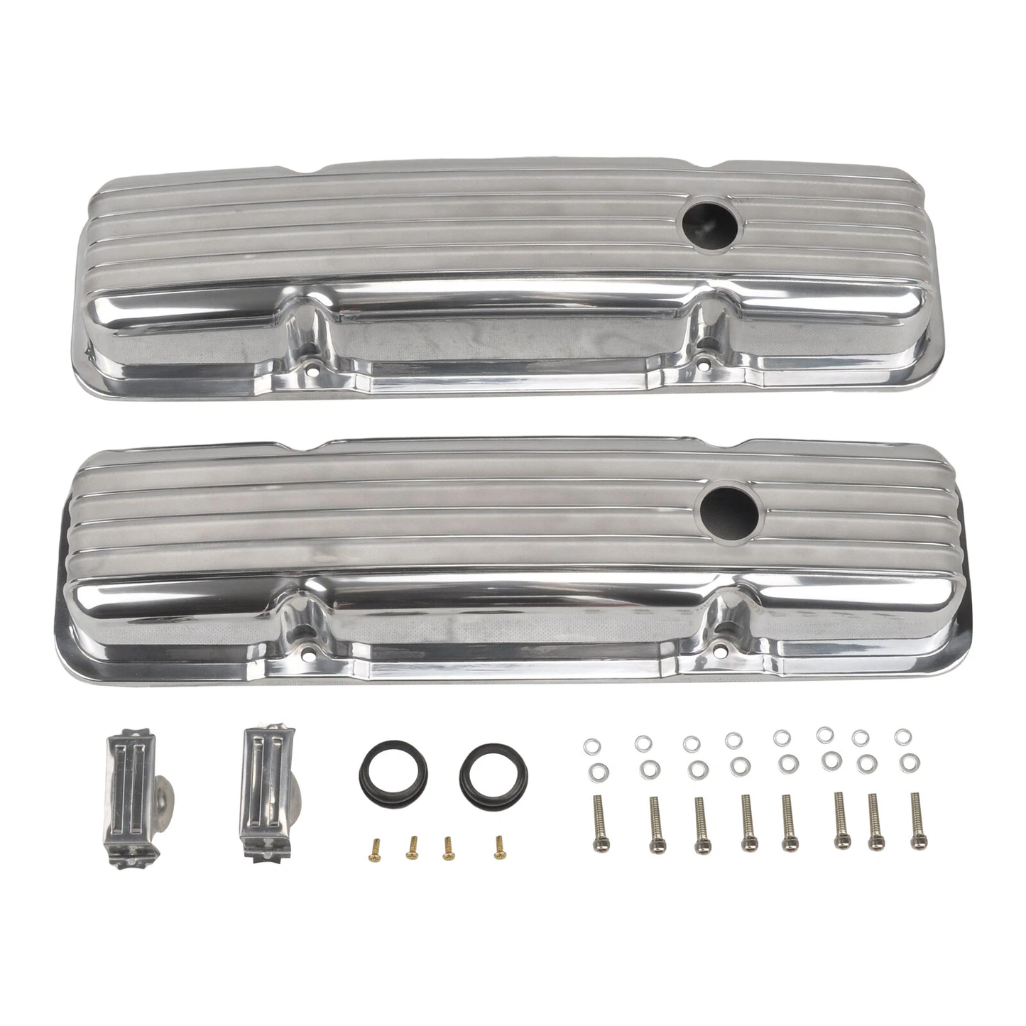 Finned Short Aluminum Valve Covers for Chevy SBC 283–400 (1958–1986) | 2-9/16" Tall | Polished, Black, Satin Finish