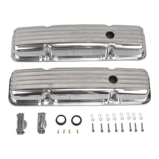 Finned Short Aluminum Valve Covers for Chevy SBC 283β400 (1958β1986) | 2-9/16" Tall | Polished, Black, Satin Finish