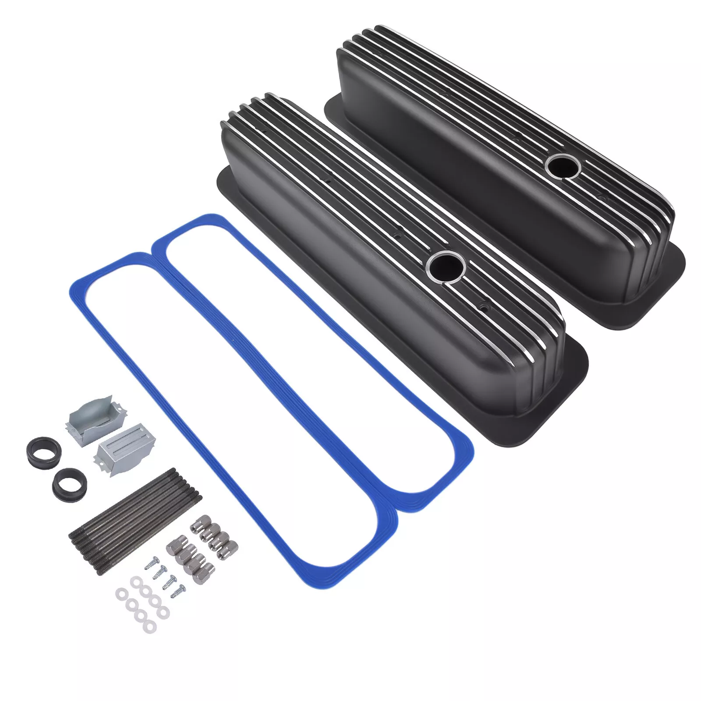 Finned Tall Aluminum Valve Covers for Chevy 1987–2000 SBC | Center Bolt | 3-11/16" Tall | Polished, Black, Satin(PVC8528))