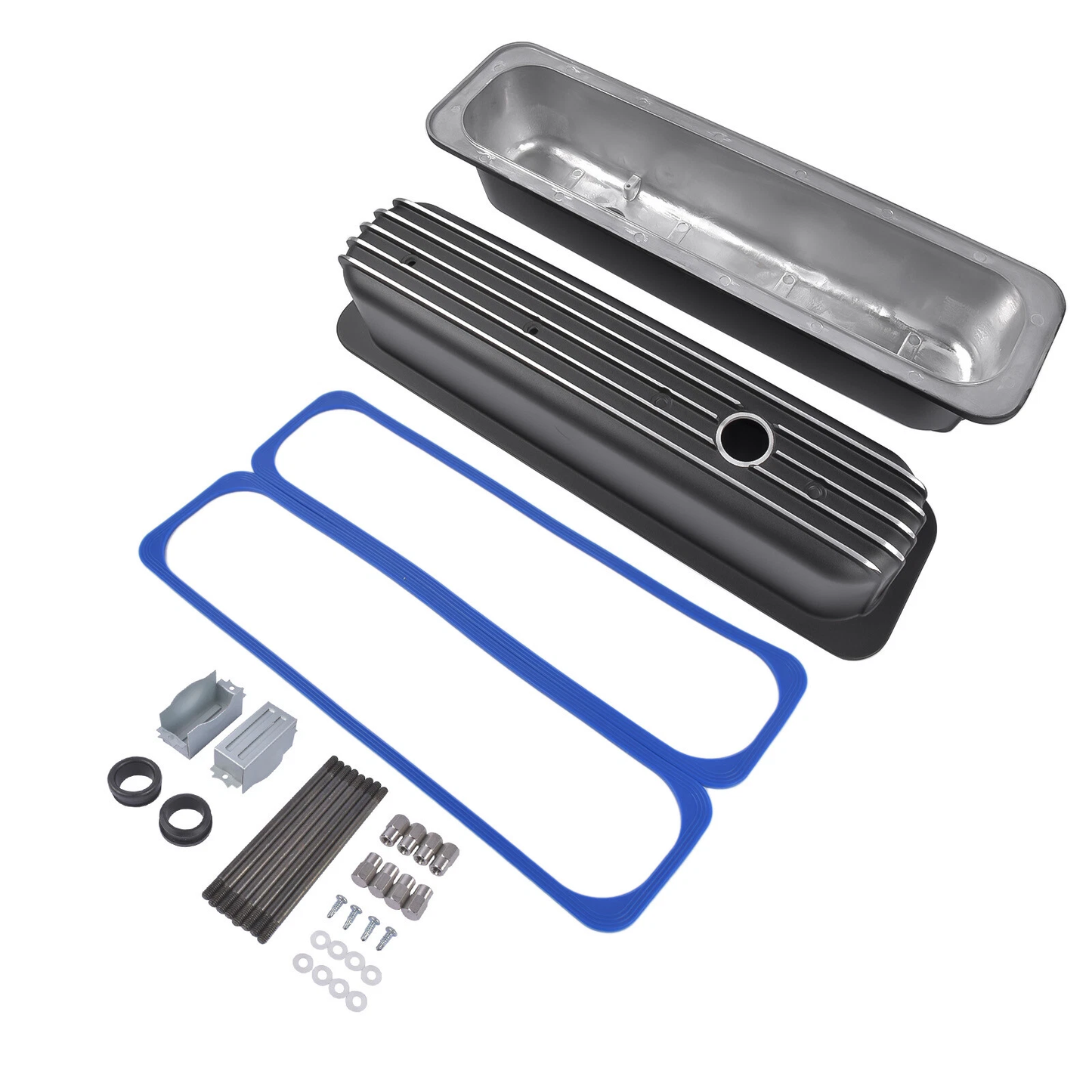 Finned Tall Aluminum Valve Covers for Chevy 1987–2000 SBC | Center Bolt | 3-11/16" Tall | Polished, Black, Satin(PVC8528))