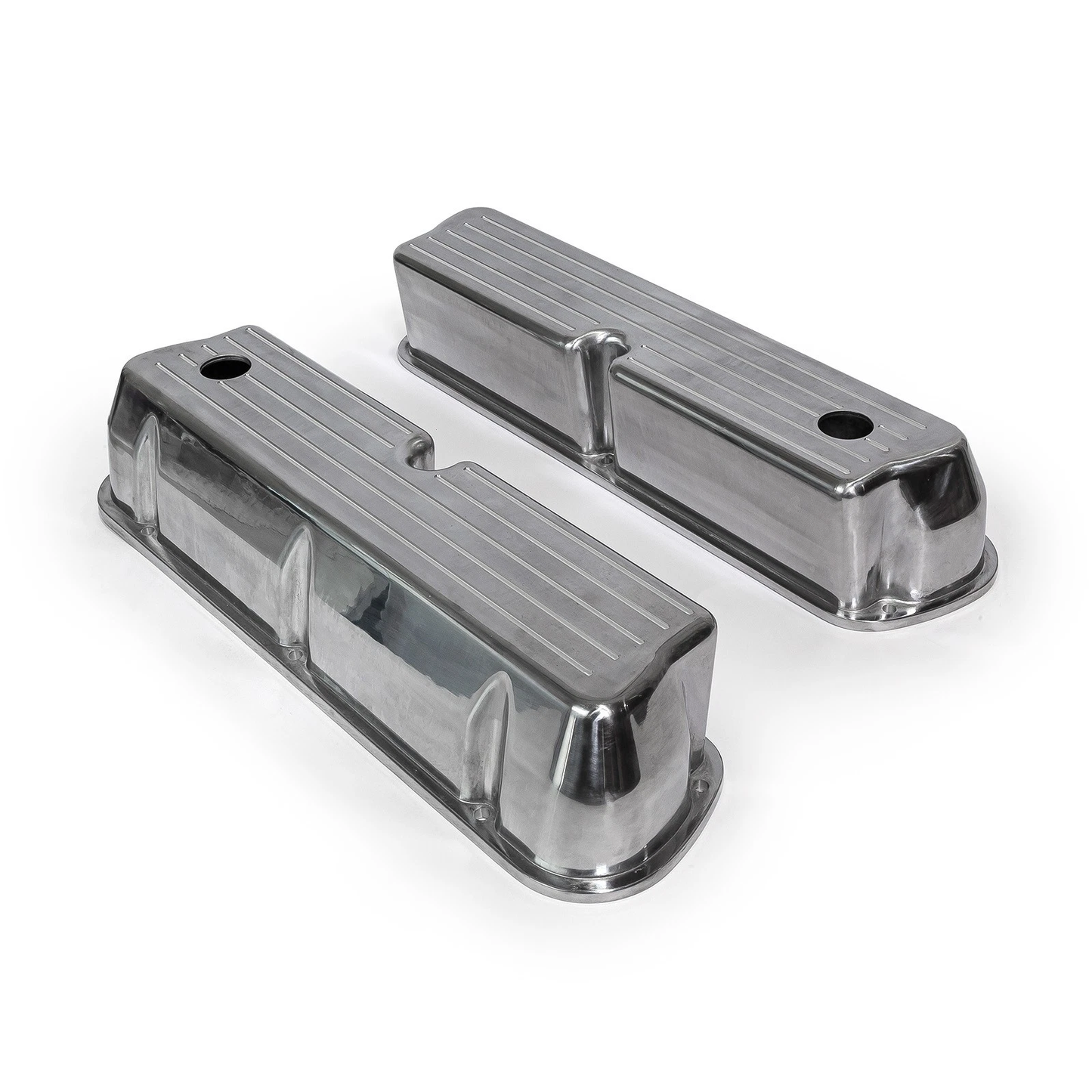 Ford SB 289–302–351W Finned Tall Cast Aluminum Valve Covers – Polished, Ball-Milled, With Breather Holes 1962–1985 (PVC8529)