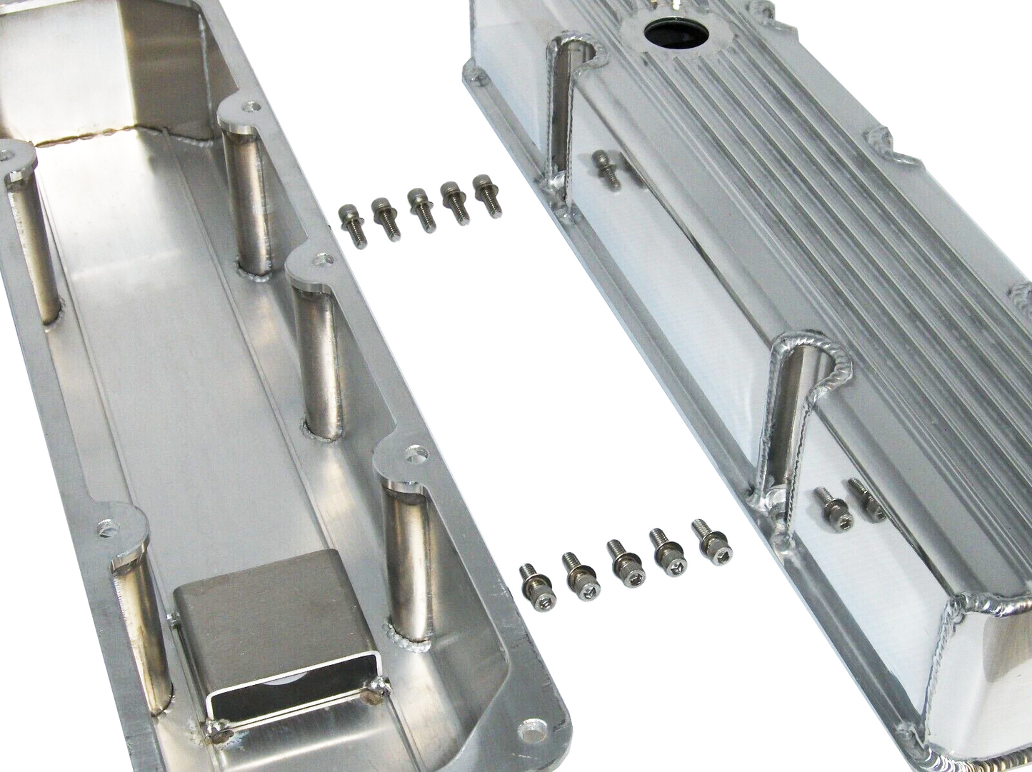 AMC Jeep 304–401 Fabricated Aluminum Valve Covers | Polished Finned | Tall Style | 1976–1987 | No Breather Hole(PVC8556)