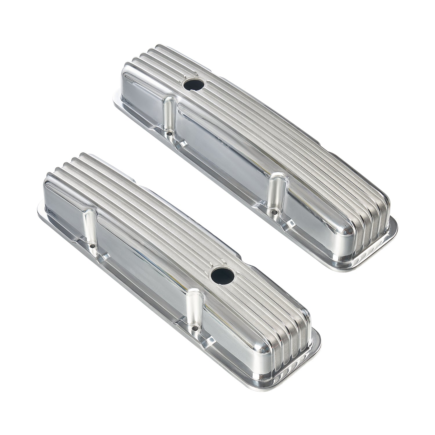 Polished Short Finned Aluminum Valve Covers - Fits 1958-1986 Chevy SBC 283 302 305 327 350 400 Small Block Perimeter Bolt Heads