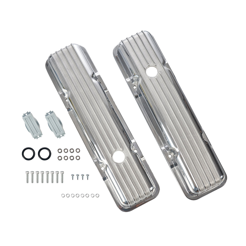 Polished Short Finned Aluminum Valve Covers - Fits 1958-1986 Chevy SBC 283 302 305 327 350 400 Small Block Perimeter Bolt Heads