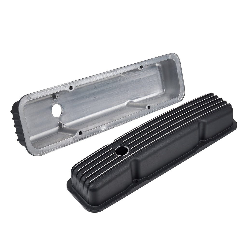 Black Finned Short Cast Aluminum Valve Covers - Fits 1958-1986 Chevy SBC 283 302 305 327 350 400 Small Block V8 Perimeter Bolt Heads