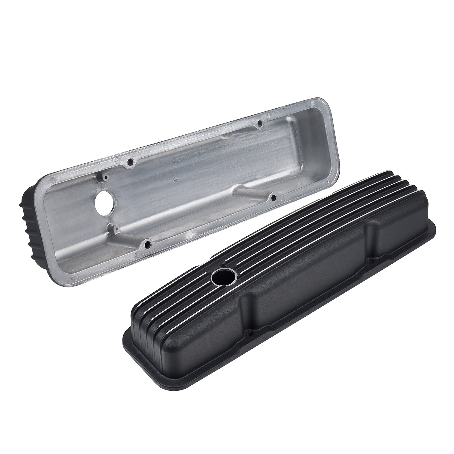 Black Finned Short Cast Aluminum Valve Covers - Fits 1958-1986 Chevy SBC 283 302 305 327 350 400 Small Block V8 Perimeter Bolt Heads