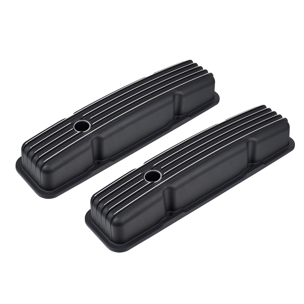 Black Finned Short Cast Aluminum Valve Covers - Fits 1958-1986 Chevy SBC 283 302 305 327 350 400 Small Block V8 Perimeter Bolt Heads