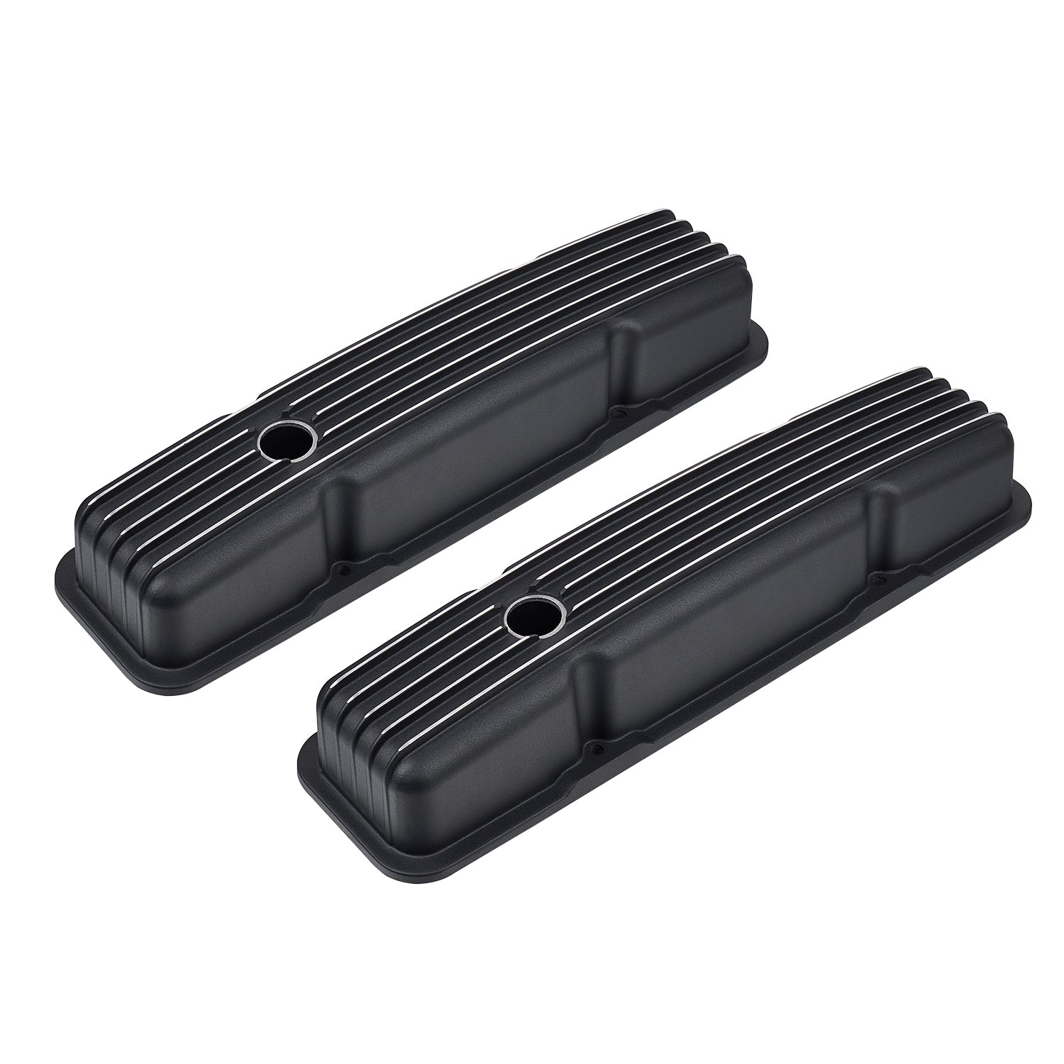 Black Finned Short Cast Aluminum Valve Covers - Fits 1958-1986 Chevy SBC 283 302 305 327 350 400 Small Block V8 Perimeter Bolt Heads