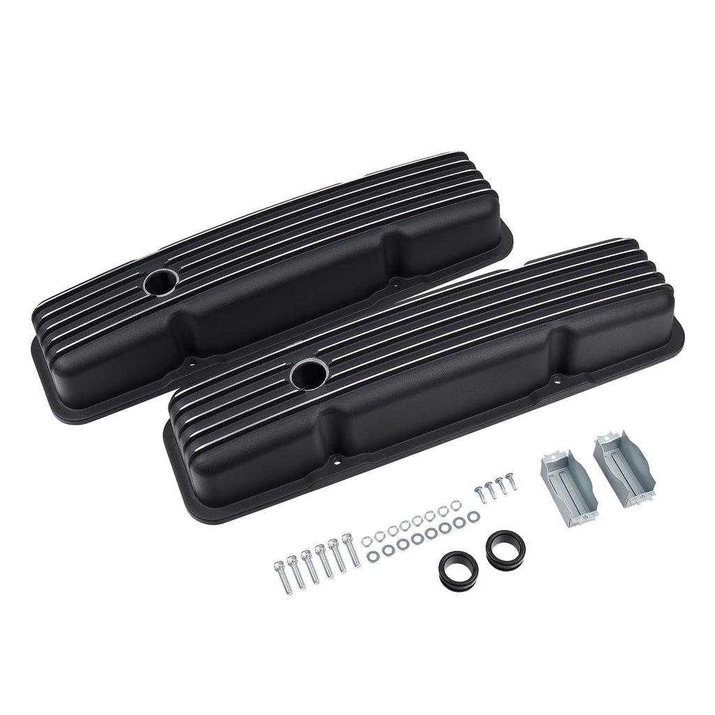 Black Finned Short Cast Aluminum Valve Covers - Fits 1958-1986 Chevy SBC 283 302 305 327 350 400 Small Block V8 Perimeter Bolt Heads