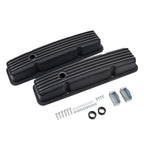 Black Finned Short Cast Aluminum Valve Covers - Fits 1958-1986 Chevy SBC 283 302 305 327 350 400 Small Block V8 Perimeter Bolt Heads