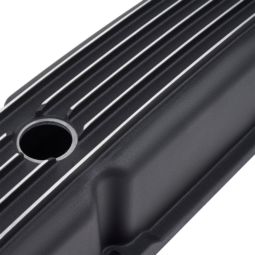 Black Finned Short Cast Aluminum Valve Covers - Fits 1958-1986 Chevy SBC 283 302 305 327 350 400 Small Block V8 Perimeter Bolt Heads