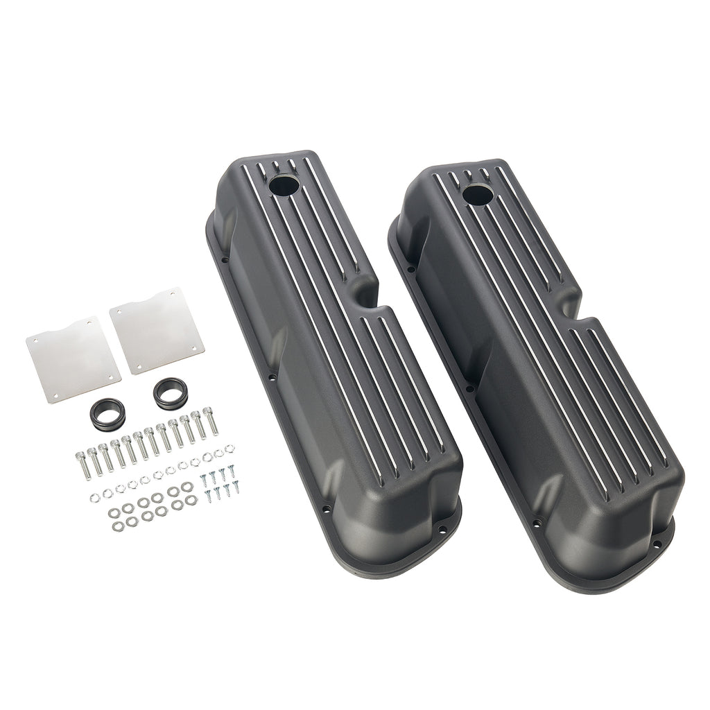 3-11/16" Black Powder-Coated Aluminum Tall Half-Finned Valve Covers - Fits 1962–1985 Ford 289 302 351W SBF V8