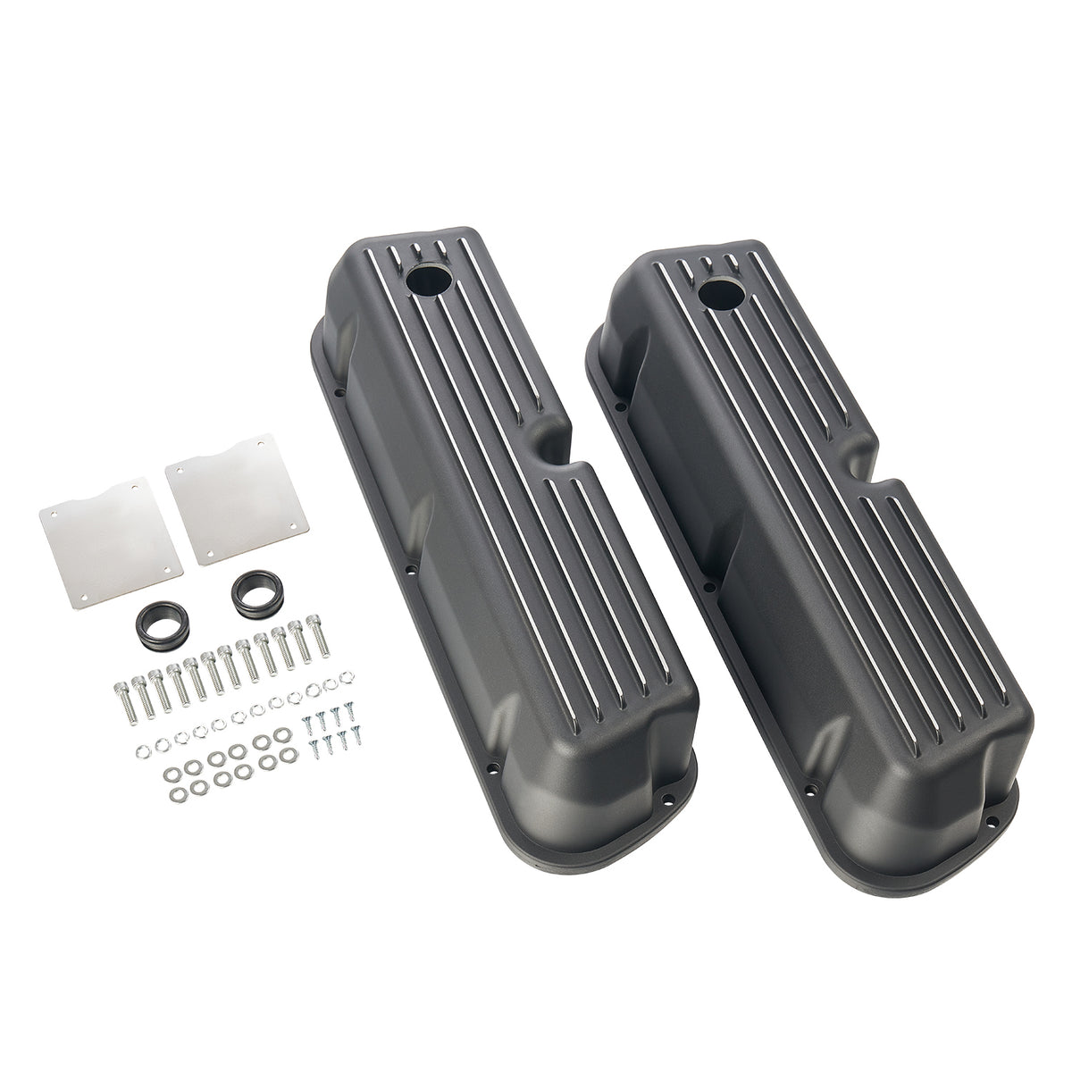 3-11/16" Black Powder-Coated Aluminum Tall Half-Finned Valve Covers - Fits 1962–1985 Ford 289 302 351W SBF V8