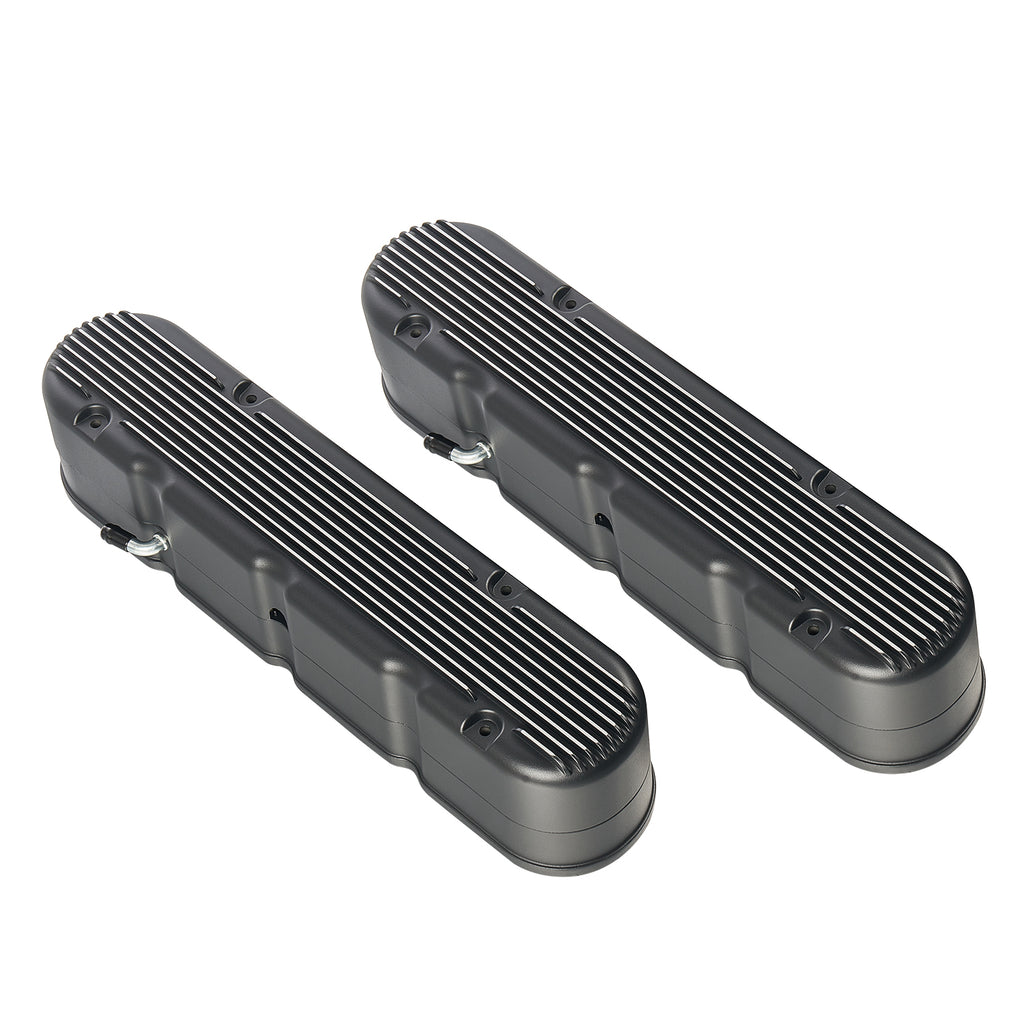 Black Finned Cast Aluminum Valve Cover Set with Ignition Coils and Spark Plug Wires - Fits GM LS1 LS2 LS3 V8 Engines