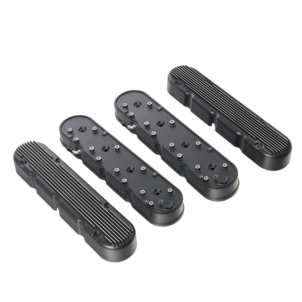 Black Finned Cast Aluminum Valve Cover Set with Ignition Coils and Spark Plug Wires - Fits GM LS1 LS2 LS3 V8 Engines