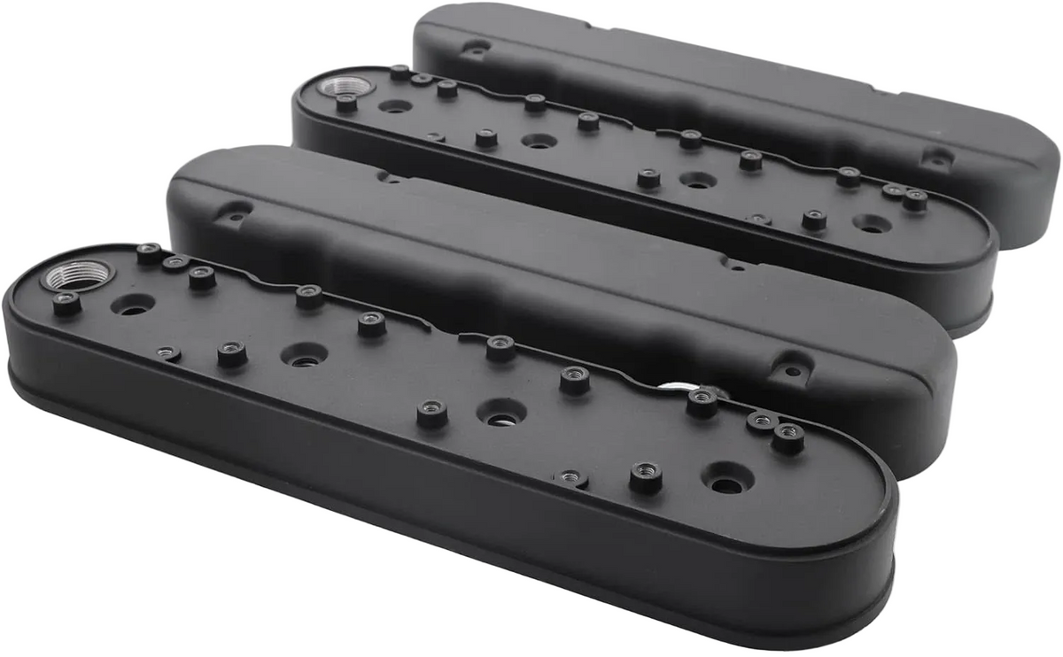 4.25" Black Cast Aluminum Center-Bolt Valve Cover Set - Fits GM LS1 LS2 LS3 V8 Engines