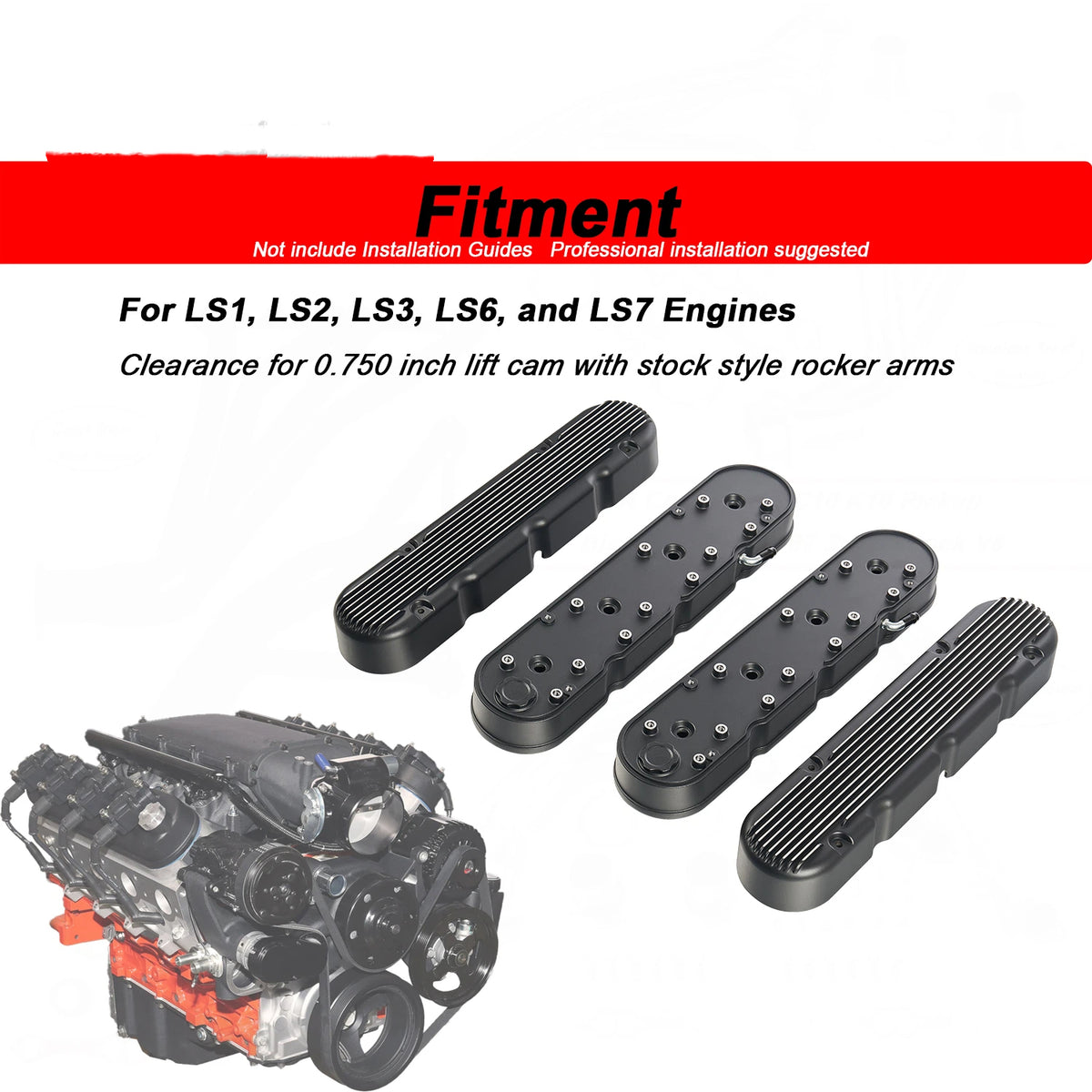 Black Finned Cast Aluminum Valve Cover Set with Ignition Coils and Spark Plug Wires - Fits GM LS1 LS2 LS3 V8 Engines