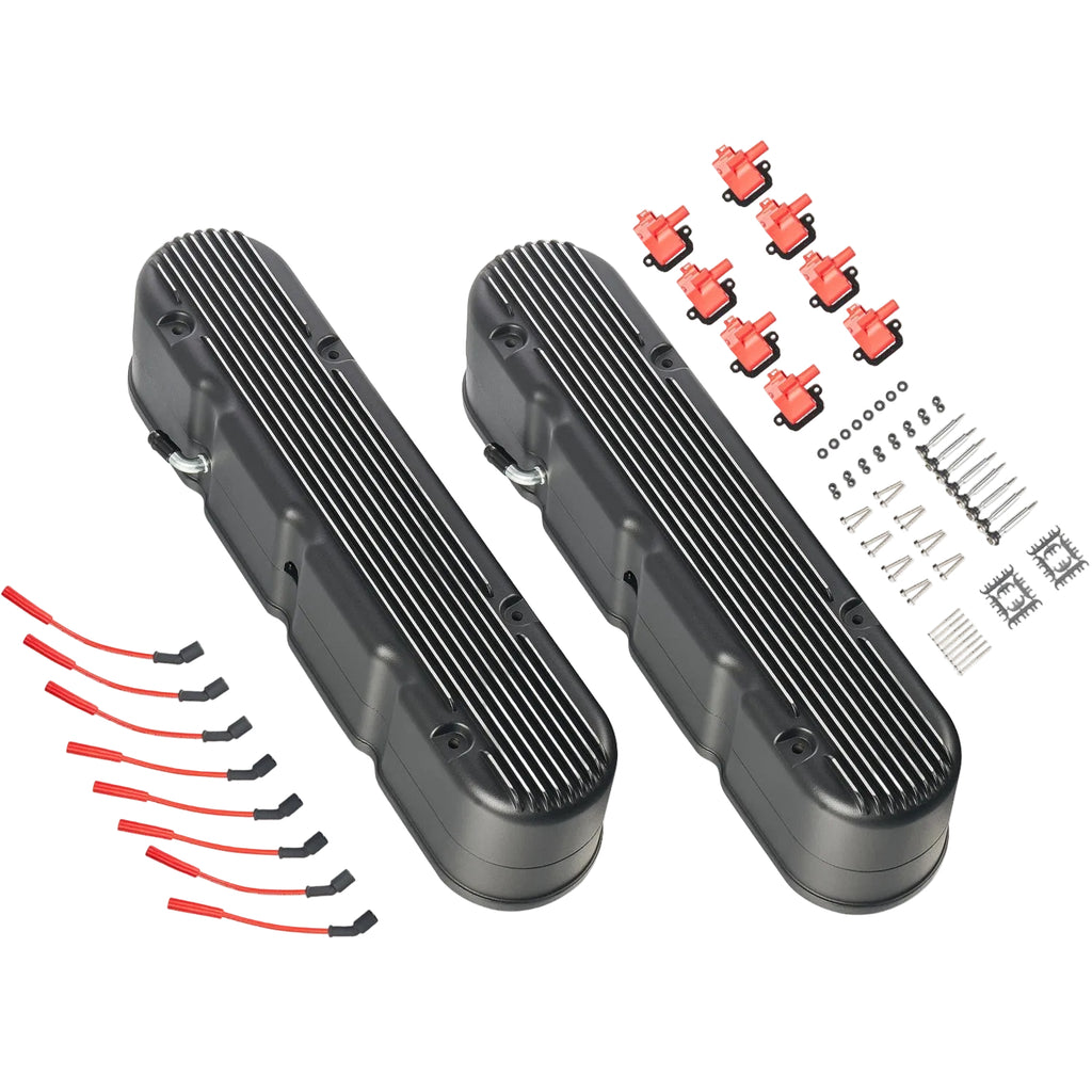 Black Finned Cast Aluminum Valve Cover Set with Ignition Coils and Spark Plug Wires - Fits GM LS1 LS2 LS3 V8 Engines