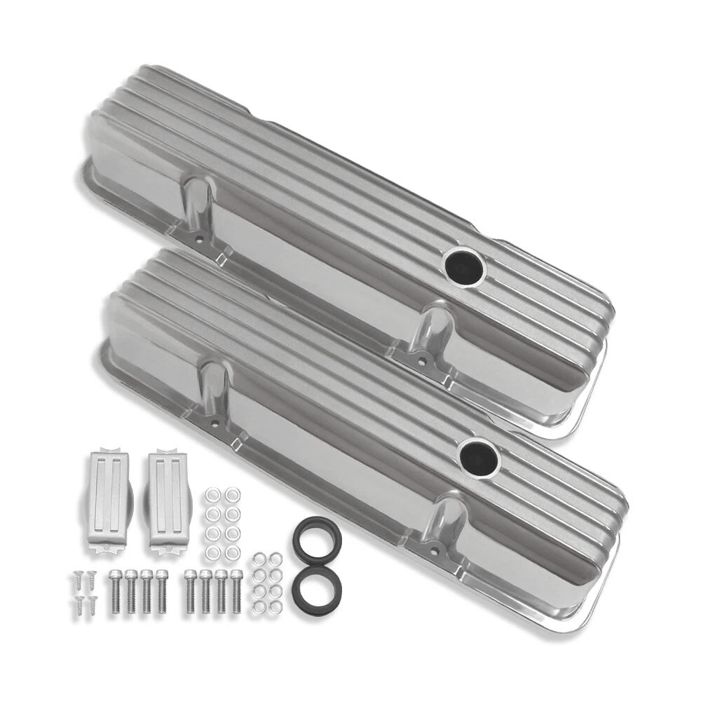 Polished Tall Finned Aluminum Valve Covers - Fits 1958-1986 Chevy SBC 283 302 305 327 350 400 Small Block Perimeter Bolt Heads