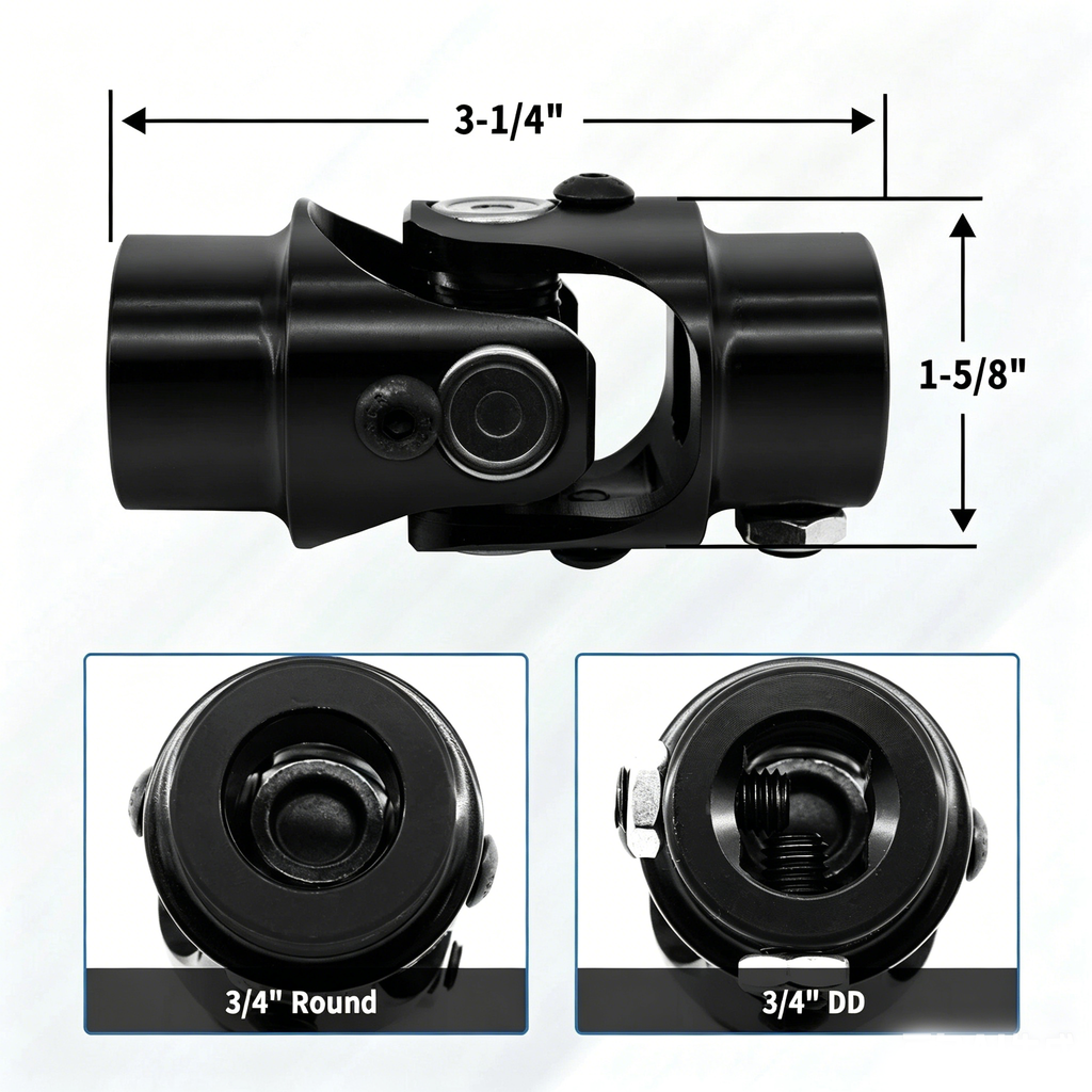 3/4" Round x 3/4" DD Black Steel Steering U-Joint Coupler - Fits Hot Rod Muscle Classic Custom Steering Shaft Conversion