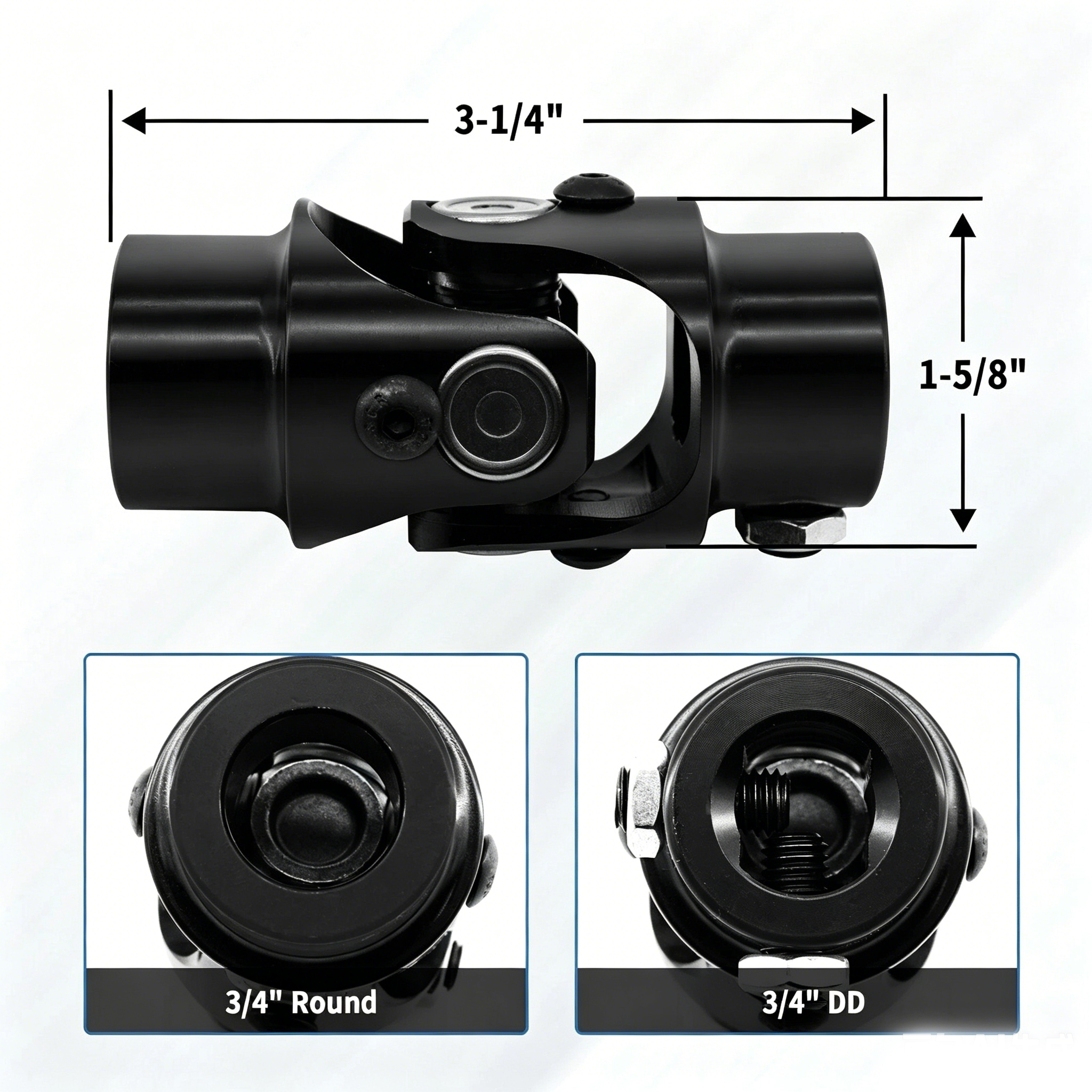 3/4" Round x 3/4" DD Black Steel Steering U-Joint Coupler - Fits Hot Rod Muscle Classic Custom Steering Shaft Conversion