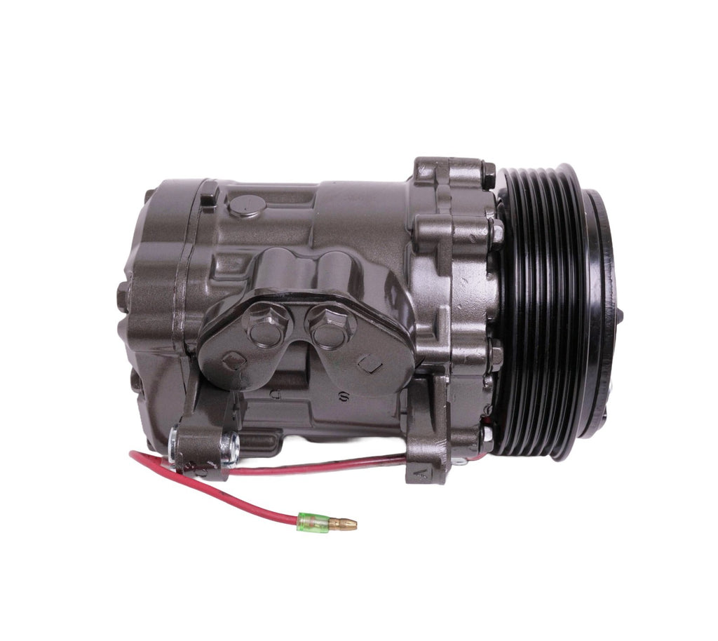Sanden SD7 7176 Style Mini A/C Compressor with Black 6-Groove Clutch - Universal Custom Classic Car AC Replacement, R134a Pre-Filled SP-15 Oil with -8AN & -10AN Fittings