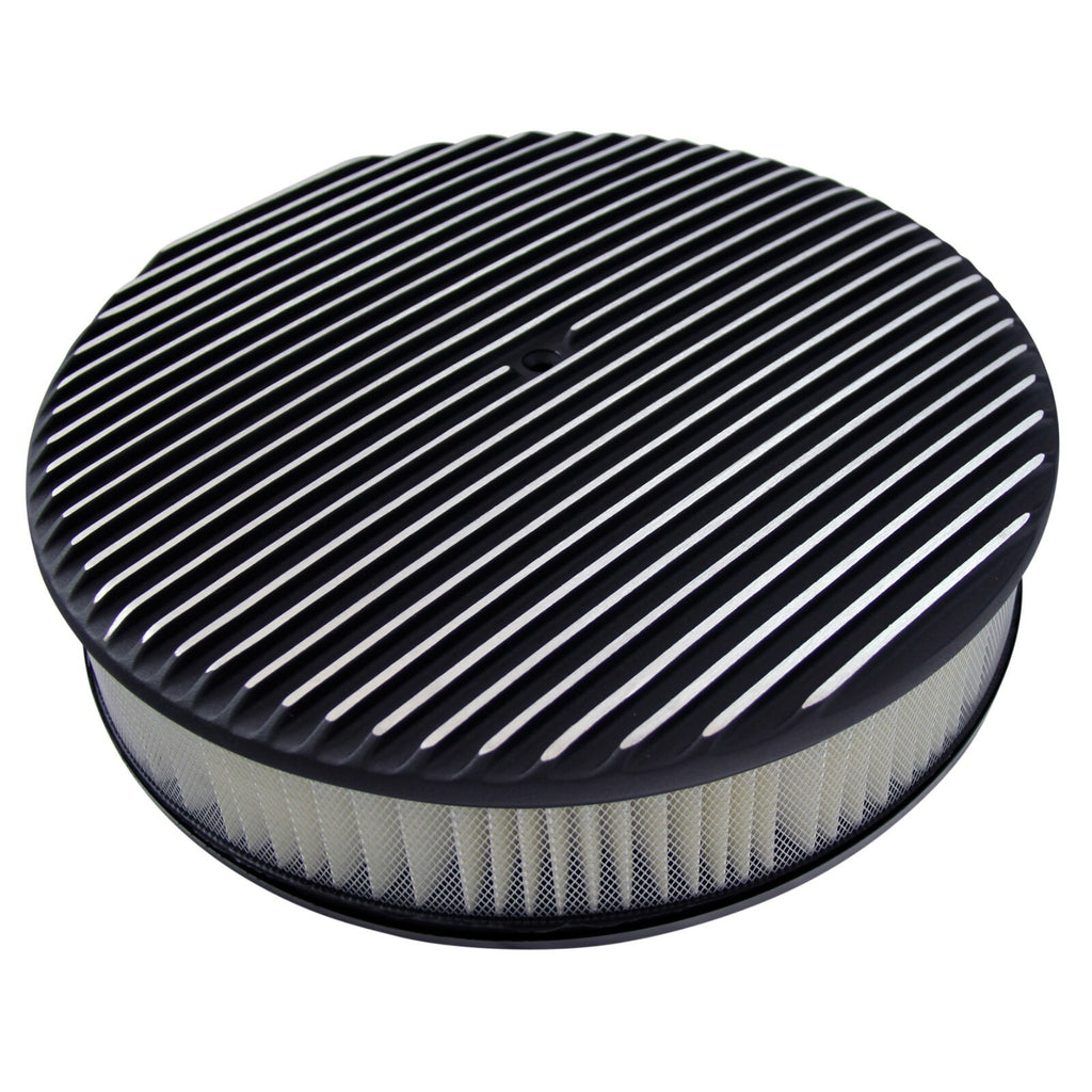 14" x 3" Black Full Finned Aluminum Air Cleaner Assembly with Paper Filter - 5-1/8" Neck 30mm Recessed Base for Holley Edelbrock Rochester Carbs