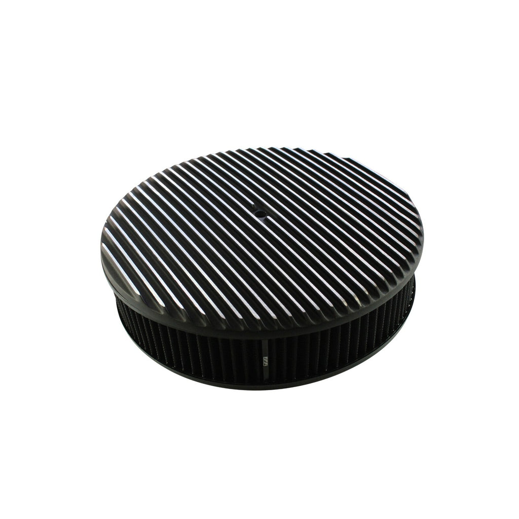 14" x 3" Black Full Finned Aluminum Air Cleaner Assembly with Paper Filter - 5-1/8" Neck 30mm Recessed Base for Holley Edelbrock Rochester Carbs