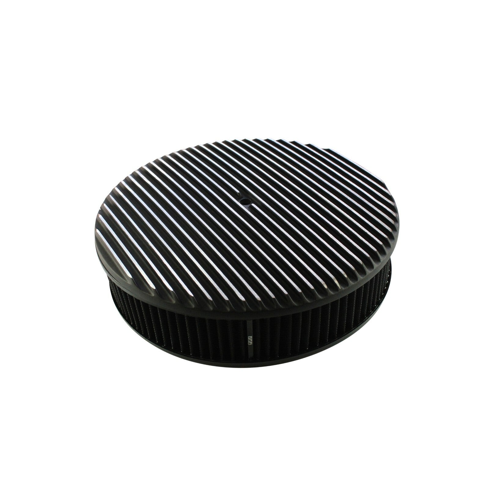 14" x 3" Black Full Finned Aluminum Air Cleaner Assembly with Paper Filter - 5-1/8" Neck 30mm Recessed Base for Holley Edelbrock Rochester Carbs