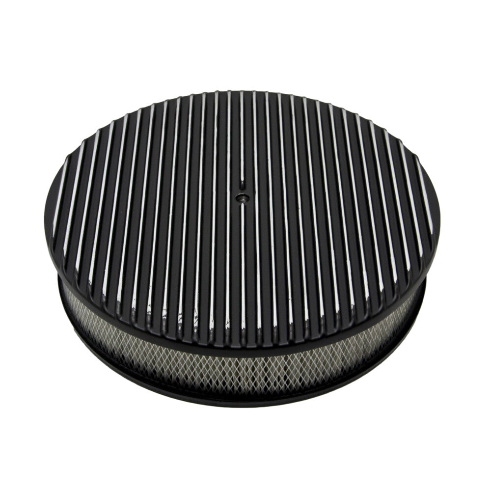 14" x 3" Black Full Finned Aluminum Air Cleaner Assembly with Paper Filter - 5-1/8" Neck 30mm Recessed Base for Holley Edelbrock Rochester Carbs