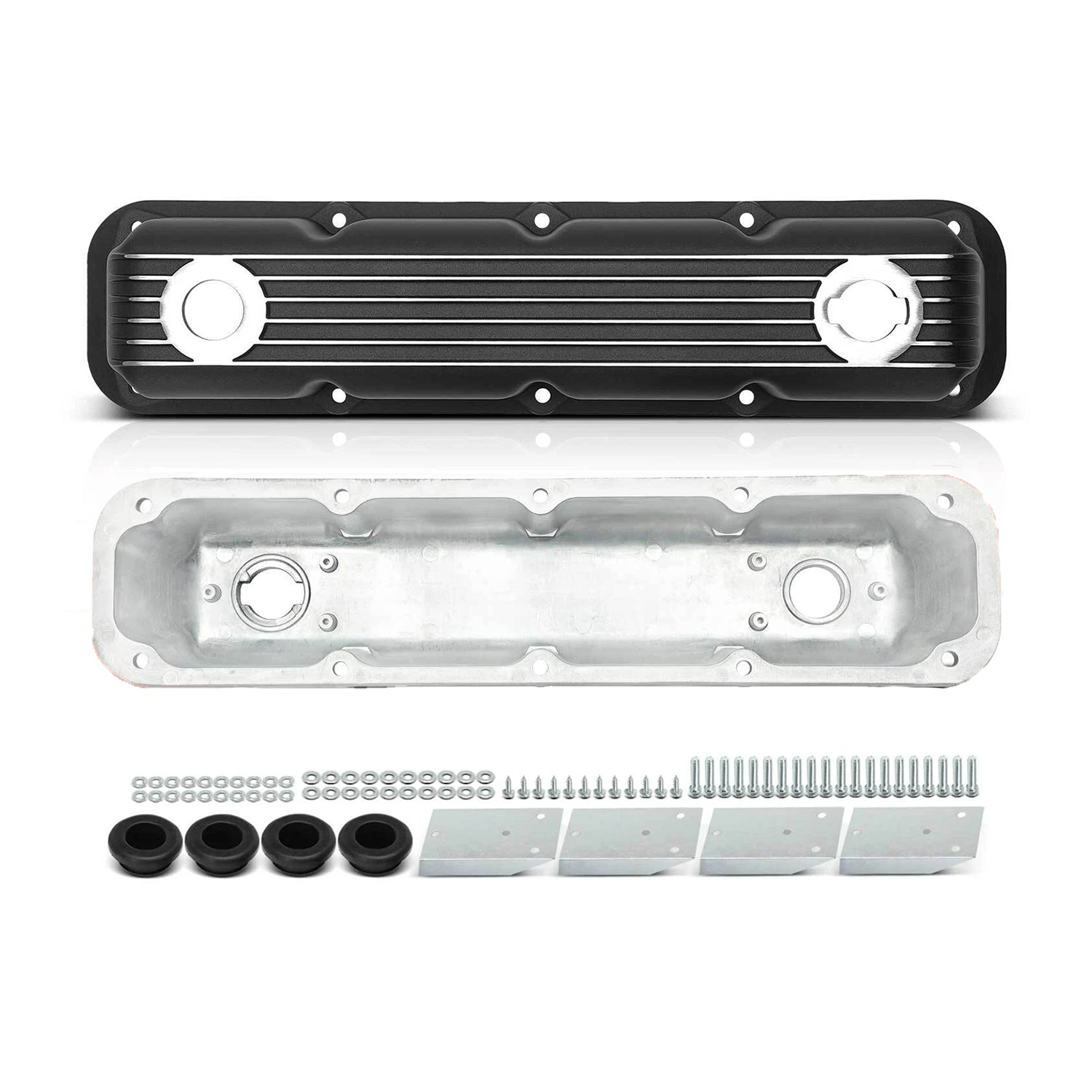 Black Finned Aluminum Valve Covers with Internal Baffles - 10 Bolt Design Fits 1992+ Chrysler Dodge Magnum 5.2L 5.9L V8