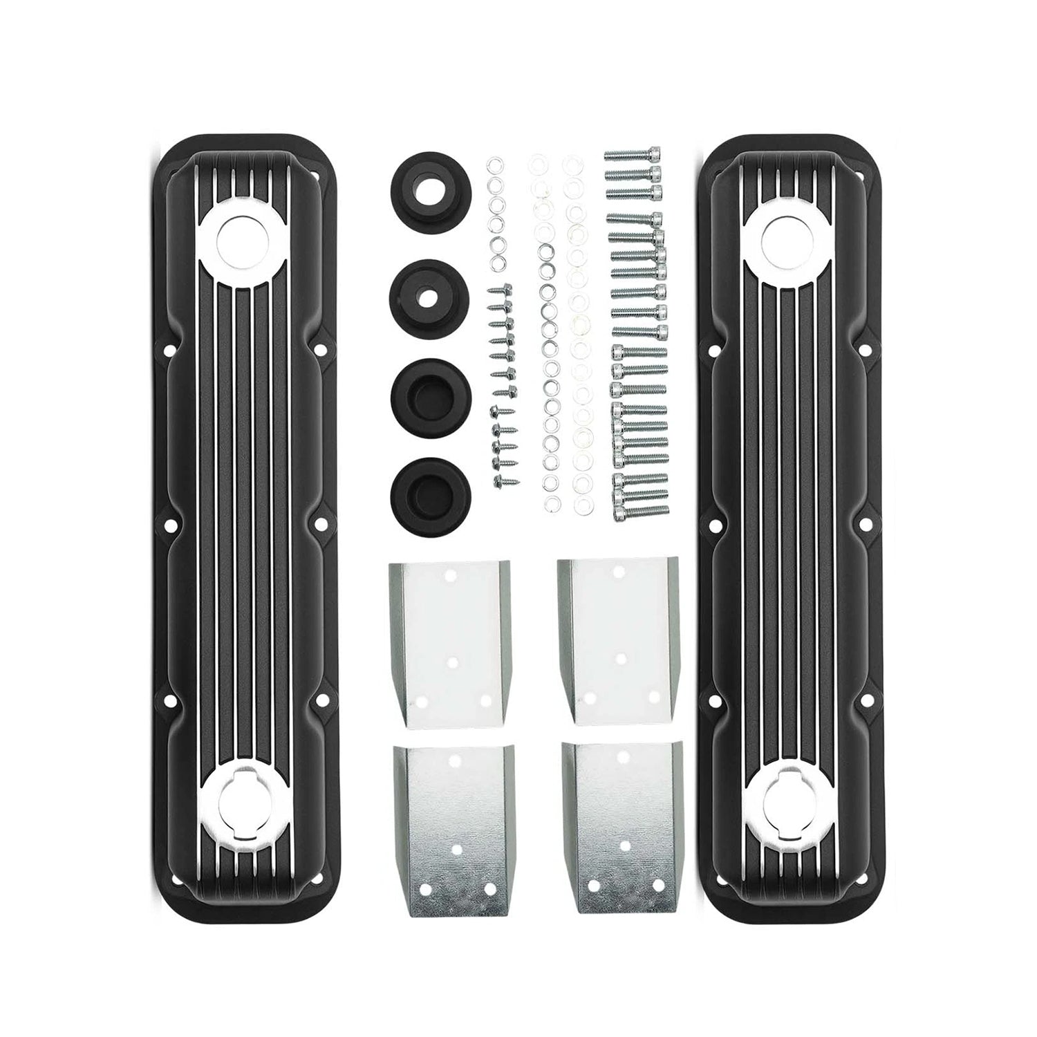 Black Finned Aluminum Valve Covers with Internal Baffles - 10 Bolt Design Fits 1992+ Chrysler Dodge Magnum 5.2L 5.9L V8