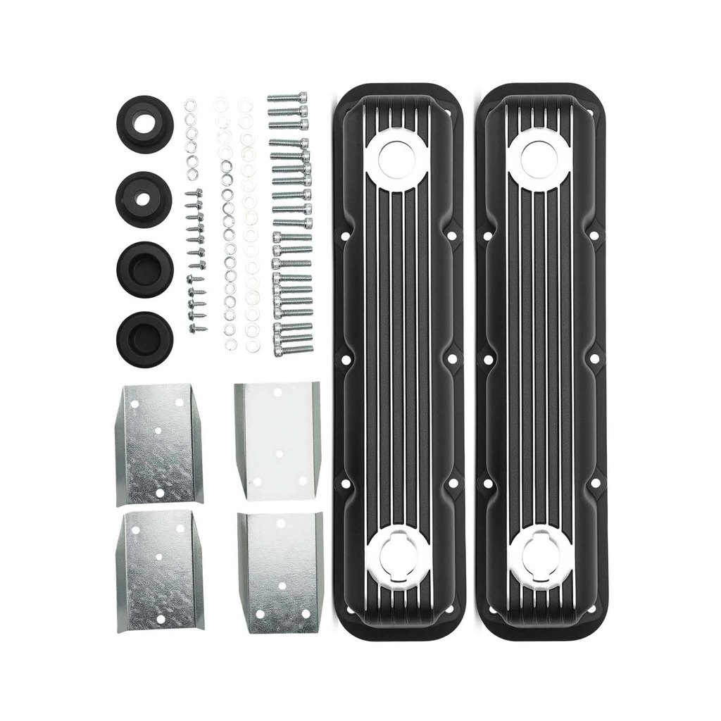 Black Finned Aluminum Valve Covers with Internal Baffles - 10 Bolt Design Fits 1992+ Chrysler Dodge Magnum 5.2L 5.9L V8