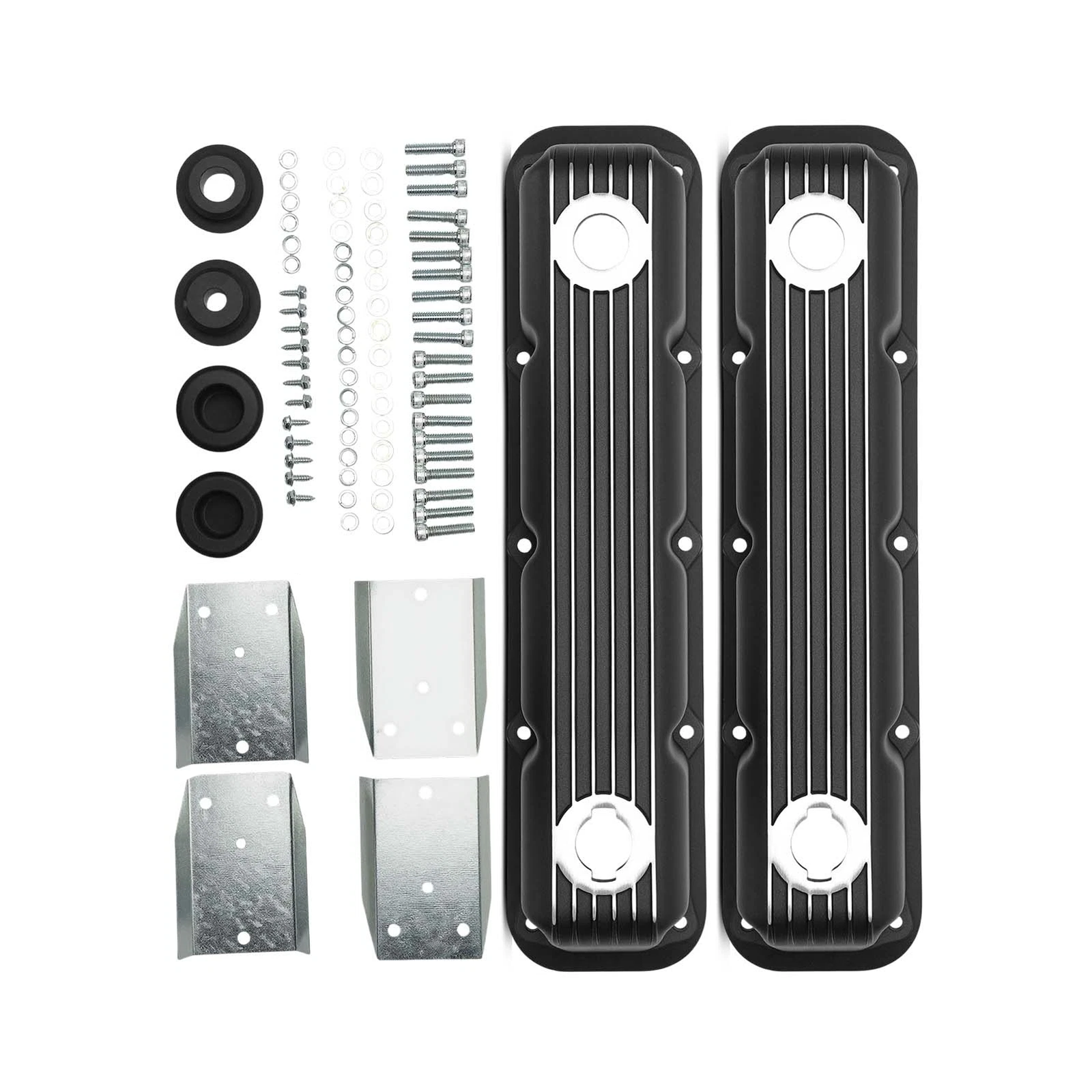 Black Finned Aluminum Valve Covers with Internal Baffles - 10 Bolt Design Fits 1992+ Chrysler Dodge Magnum 5.2L 5.9L V8