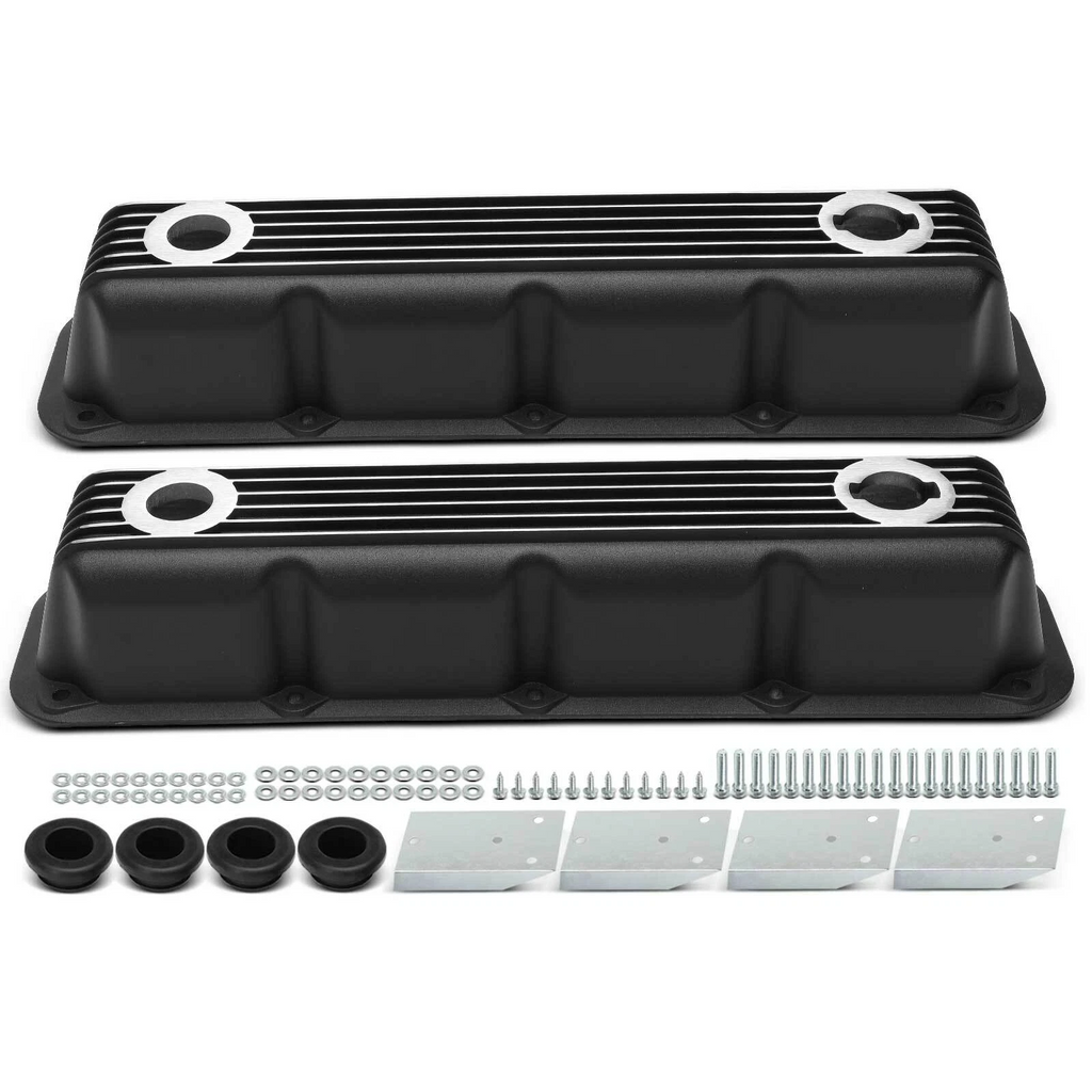 Black Finned Aluminum Valve Covers with Internal Baffles - 10 Bolt Design Fits 1992+ Chrysler Dodge Magnum 5.2L 5.9L V8
