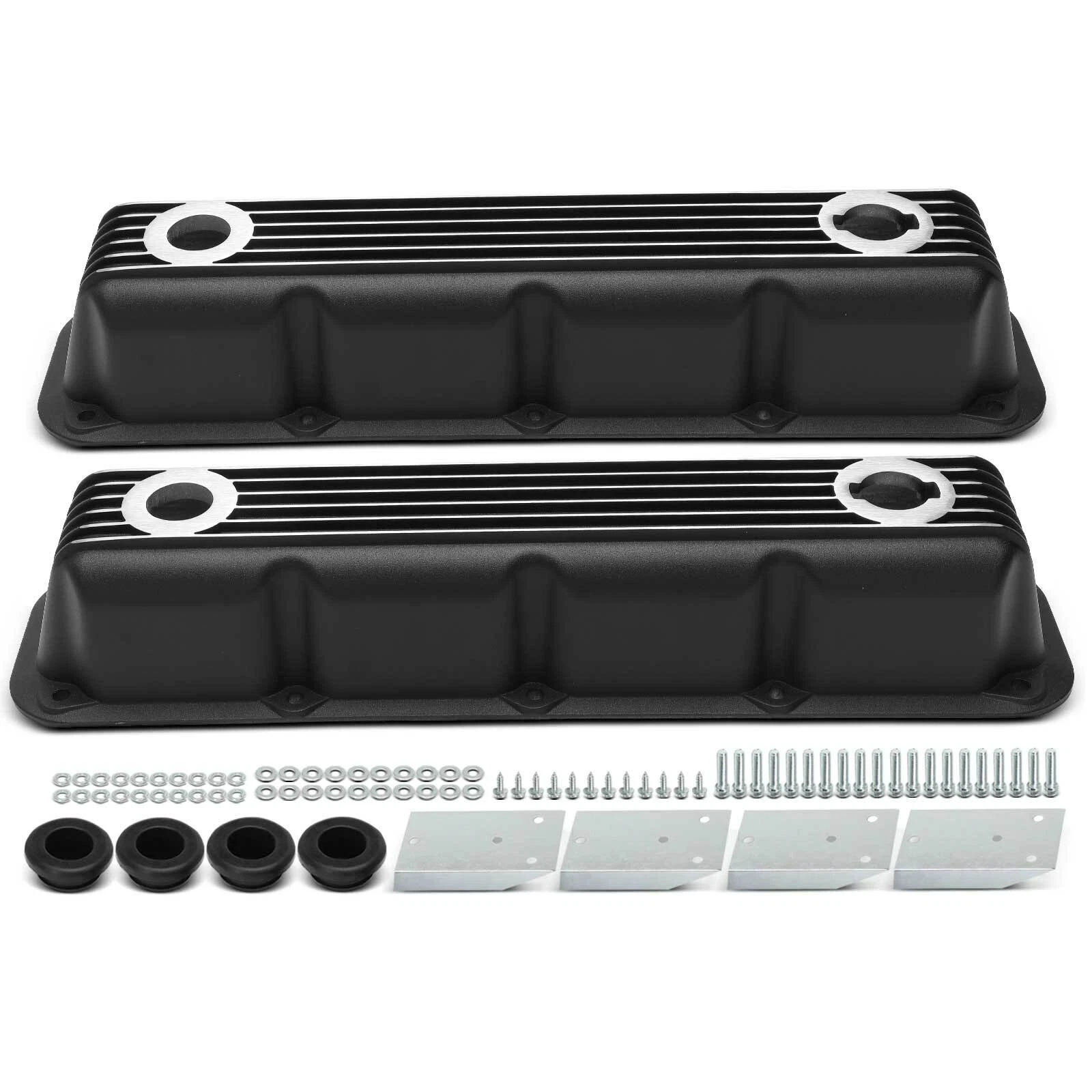 Black Finned Aluminum Valve Covers with Internal Baffles - 10 Bolt Design Fits 1992+ Chrysler Dodge Magnum 5.2L 5.9L V8