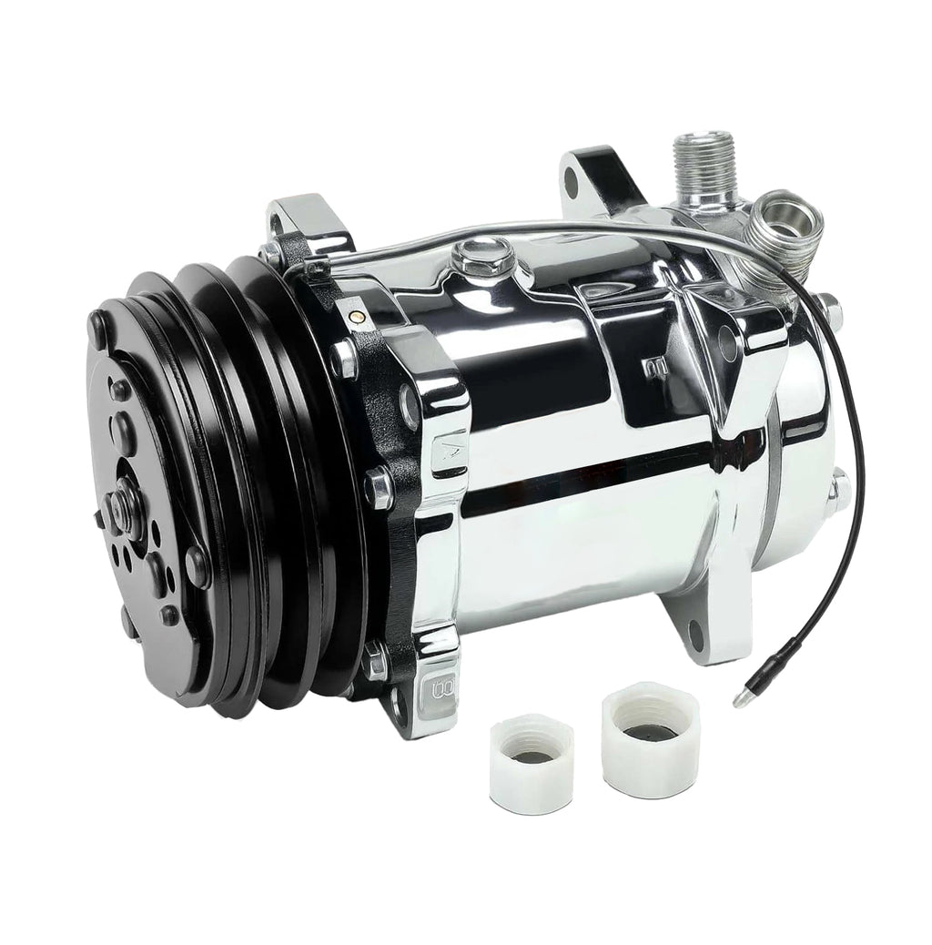 24V Chrome 2-Groove V-Belt Aluminum 508 Style A/C Compressor with Clutch - Fits Universal R134a A/C Systems