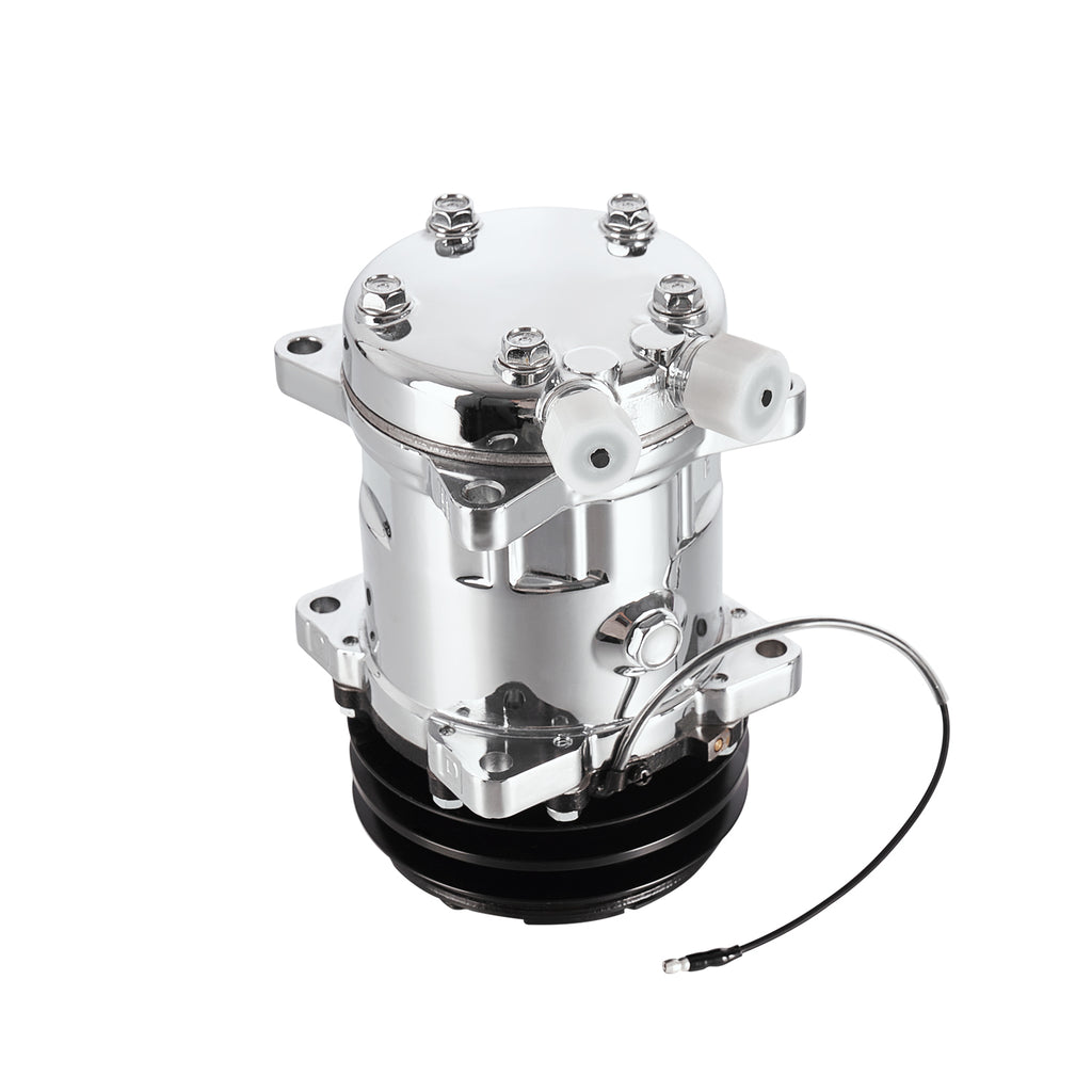 24V Chrome 2-Groove V-Belt Aluminum 508 Style A/C Compressor with Clutch - Fits Universal R134a A/C Systems