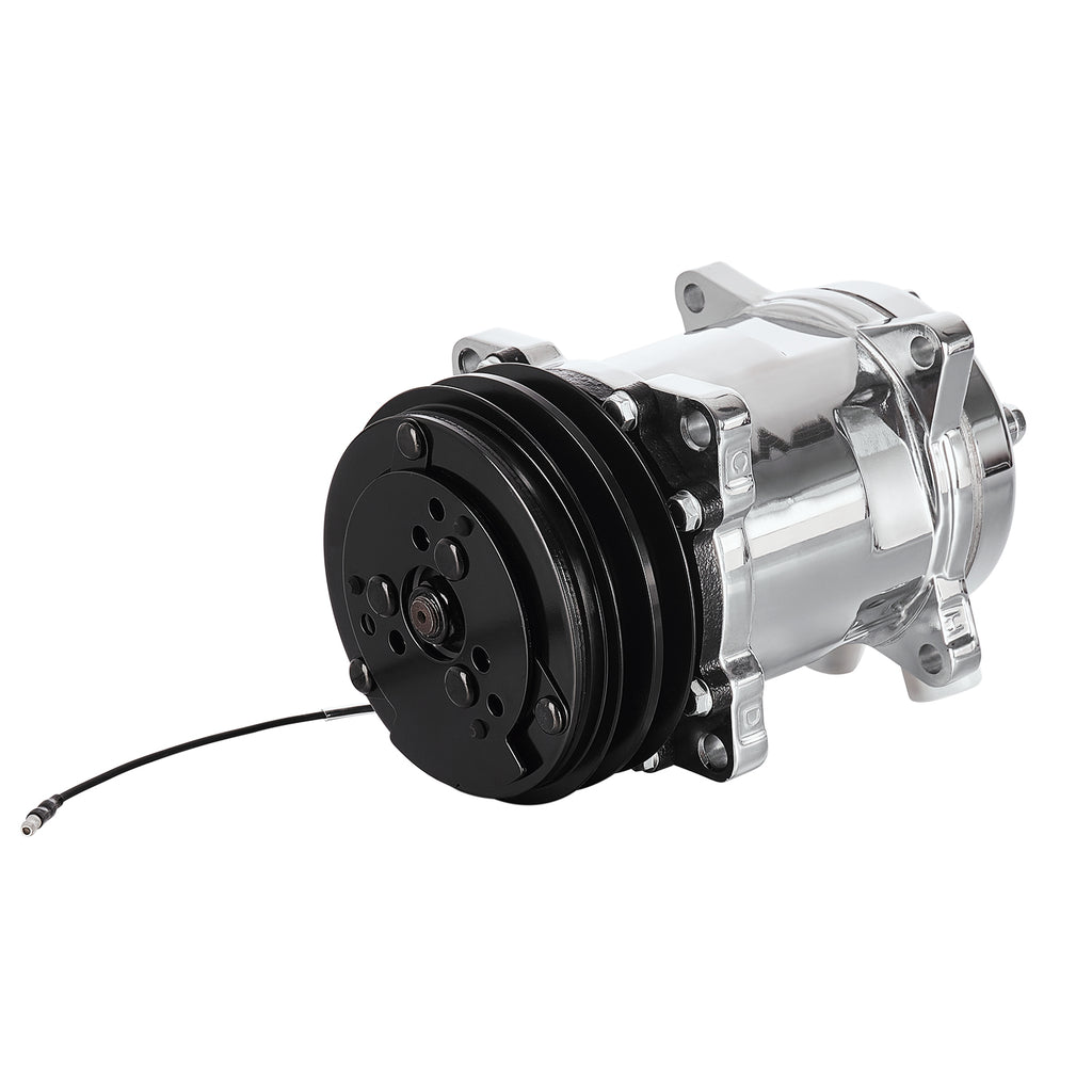 24V Chrome 2-Groove V-Belt Aluminum 508 Style A/C Compressor with Clutch - Fits Universal R134a A/C Systems