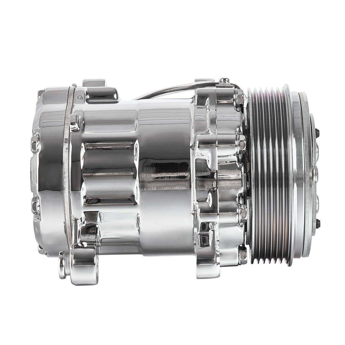 Chrome 6-Groove Aluminum SD-7 Mini A/C Compressor with Clutch - Fits Universal R134a A/C Systems