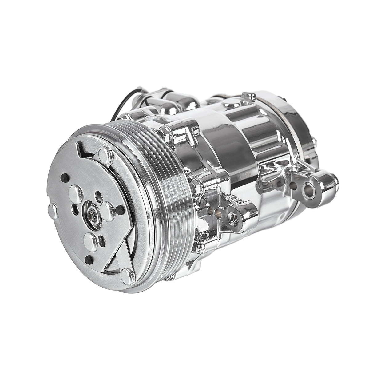 Chrome 6-Groove Aluminum SD-7 Mini A/C Compressor with Clutch - Fits Universal R134a A/C Systems