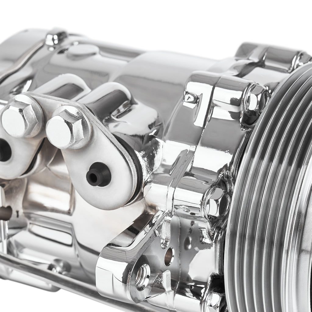 Chrome 6-Groove Aluminum SD-7 Mini A/C Compressor with Clutch - Fits Universal R134a A/C Systems