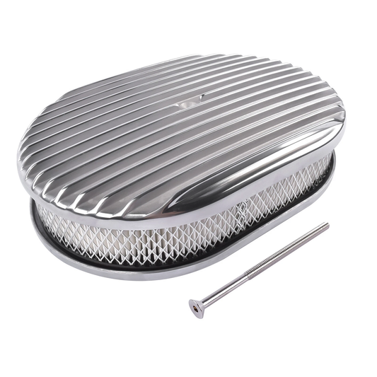 15" Silver Oval Finned Aluminum Retro Air Cleaner Kit – Fits 4 Barrel Carburetors with 5-1/8" Neck