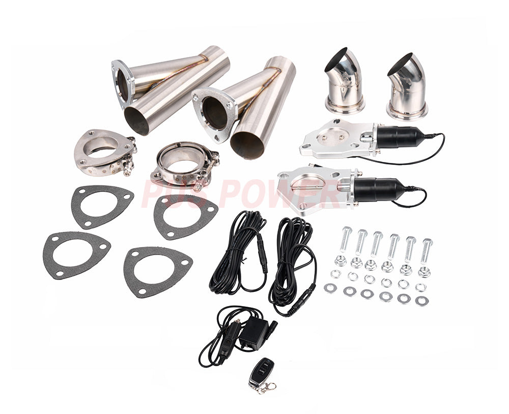 3-Inch Electric Exhaust Cutout Kit with Remote Control, Adjustable Sound, Stainless Steel Y-Pipes & 45° Turndown Elbows, Dual Motorized Flaps, V-Band Clamps – Universal Fit for 3” Inlet Exhaust Systems（AH001）
