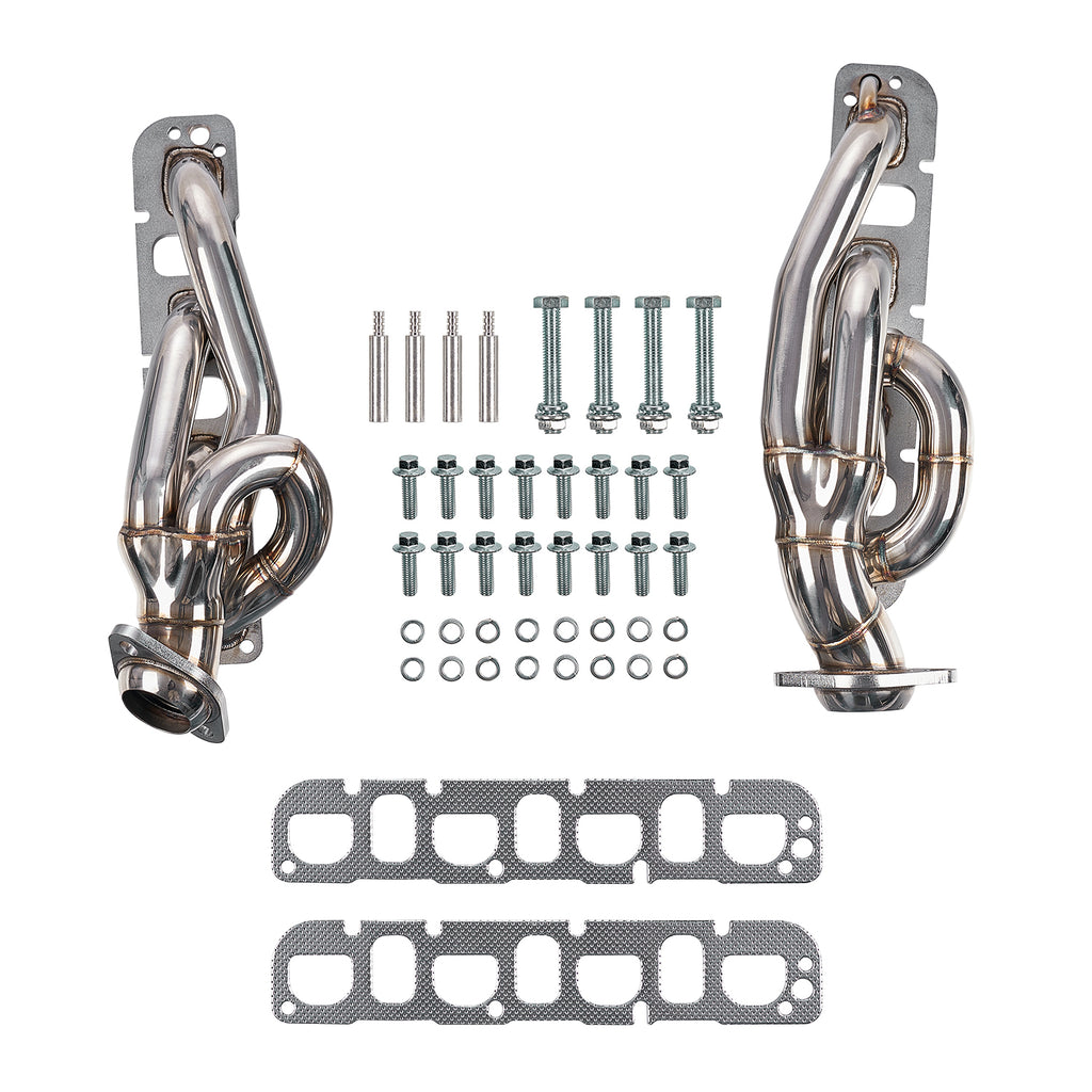 Shorty Stainless Steel Exhaust Headers 8-2 Design - Fits 2009-2017 Dodge Ram 1500 5.7L HEMI V8 2WD & 4WD Trucks, Polished Complete Hardware Kit