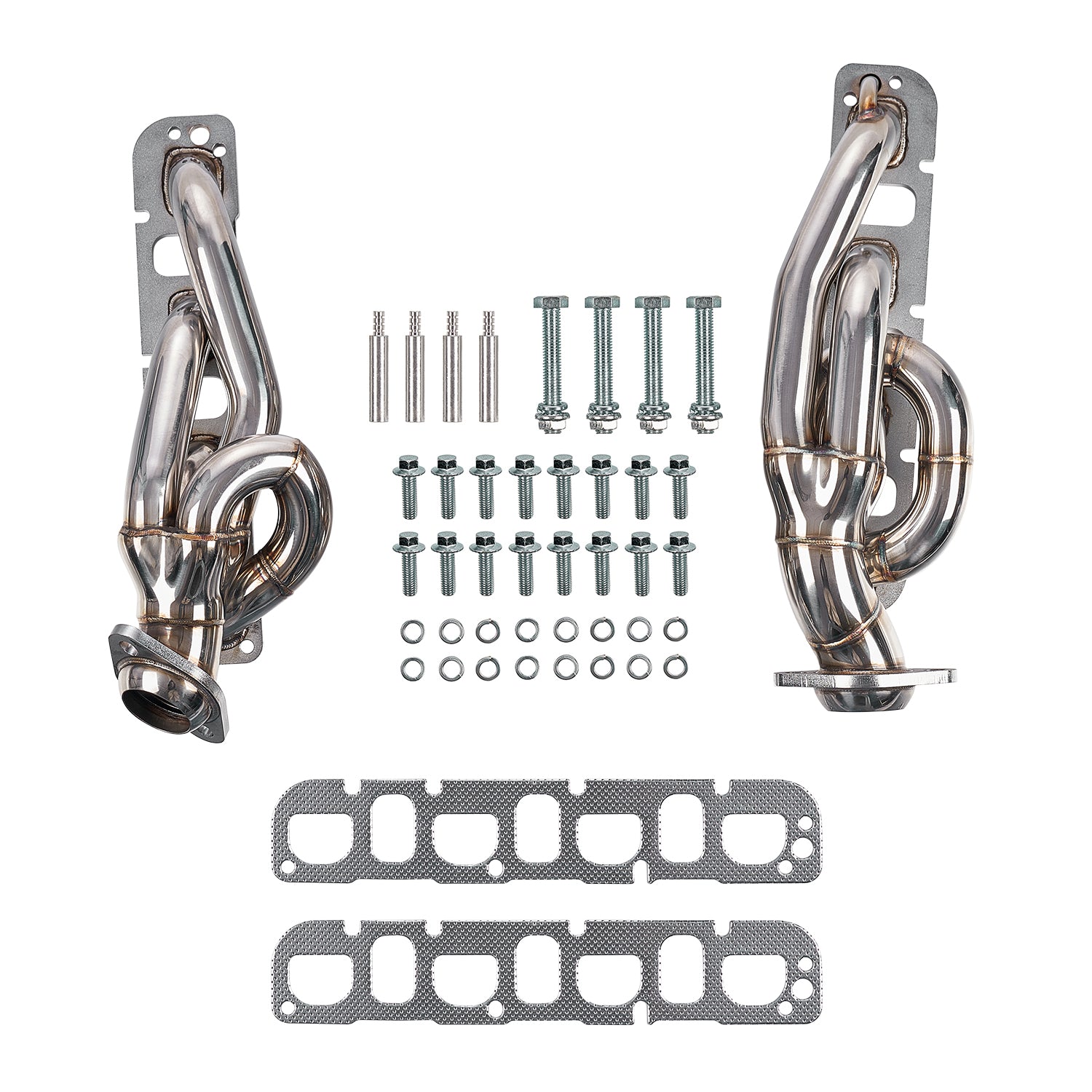 Shorty Stainless Steel Exhaust Headers 8-2 Design - Fits 2009-2017 Dodge Ram 1500 5.7L HEMI V8 2WD & 4WD Trucks, Polished Complete Hardware Kit