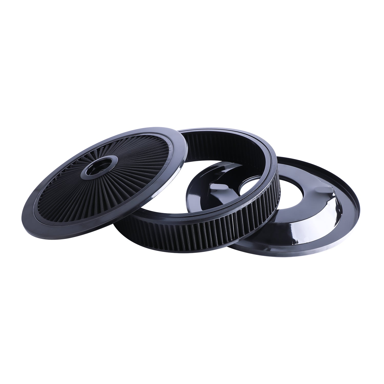 14" x 3" All Black Chrome Lid High Flow Air Cleaner Filter Kit - Fits SBC BBC 5-1/8" Neck