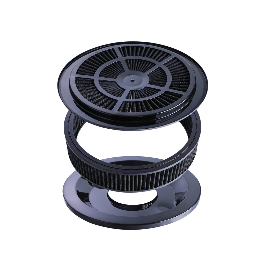 14" x 3" All Black Chrome Lid High Flow Air Cleaner Filter Kit - Fits SBC BBC 5-1/8" Neck
