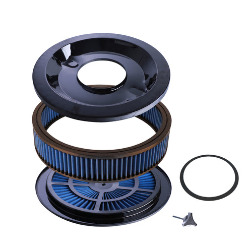 14" x 3" Black Blue Chrome Lid High Flow Air Cleaner Filter Kit - Fits SBC BBC 5-1/8" Neck